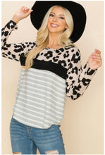 Load image into Gallery viewer, Grey Stripe w/ Animal Print Top