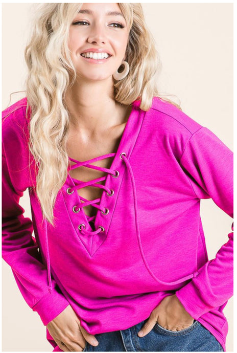 Hot Pink French Terry Top w/ Lace Up Front