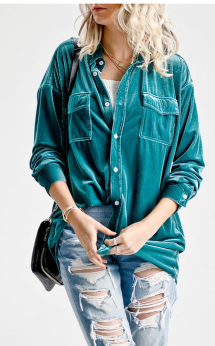 Hunter Green Velvet Button Down Top