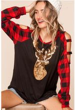 Load image into Gallery viewer, Gold Sequin Reindeer Top w/ Cutout Sleeve