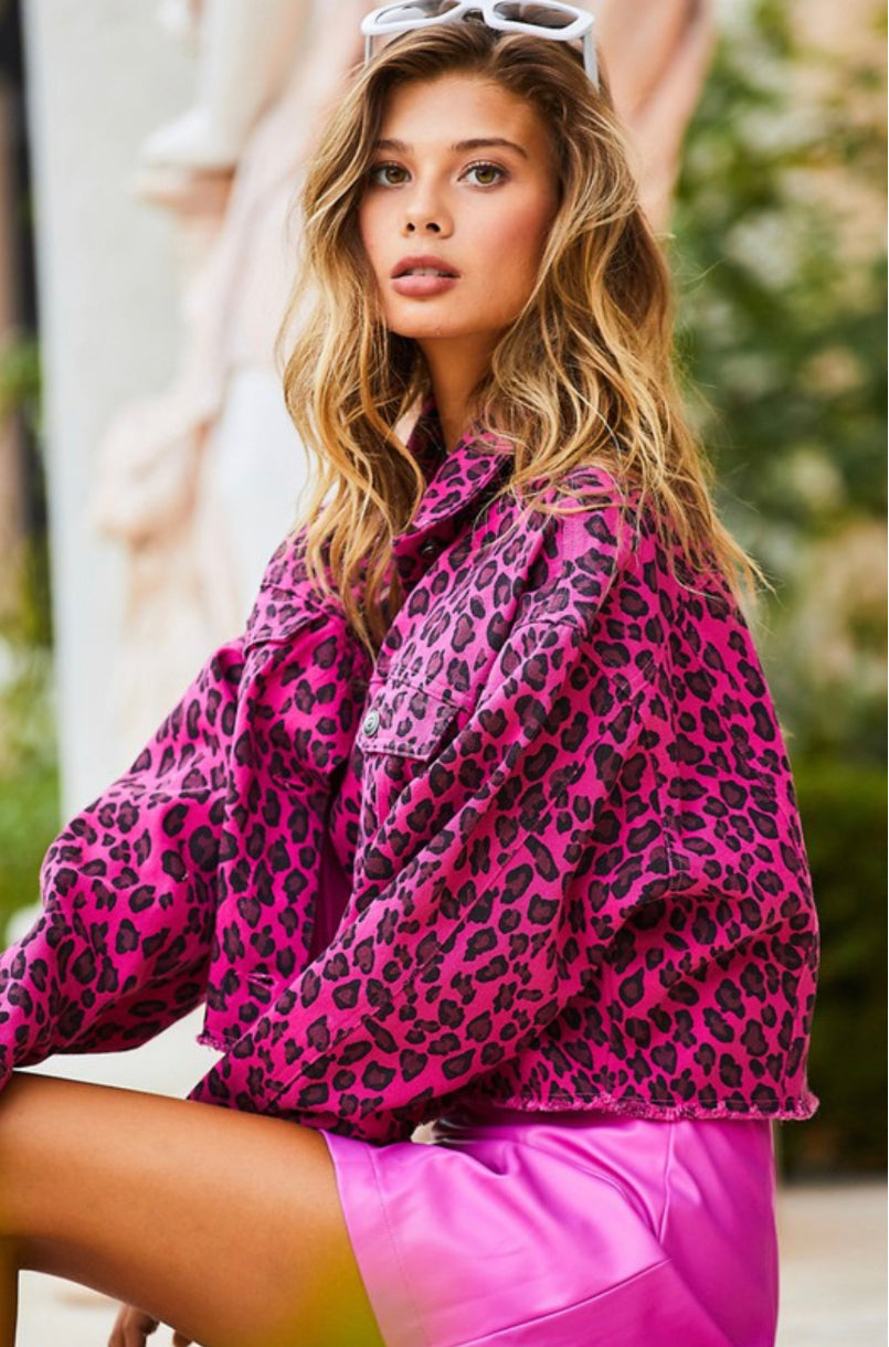 Pink Leopard Crop Denim Jacket