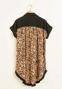 BlackLinen Dress w/ Leopard Print Back