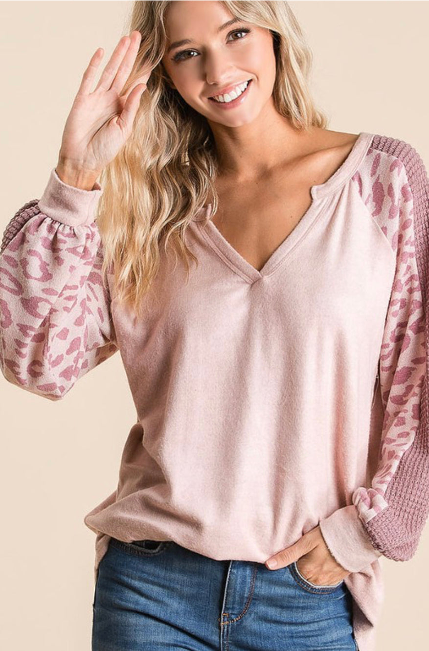 Blush Pink Terry Top W/ Leopard Sleeves