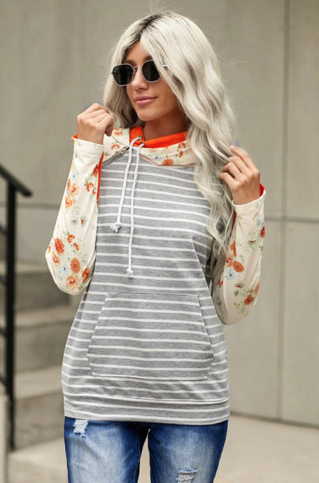 Heather Grey Hoodie w/ Floral Sleeves