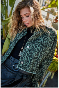 Olive Leopard Crop Denim Jacket
