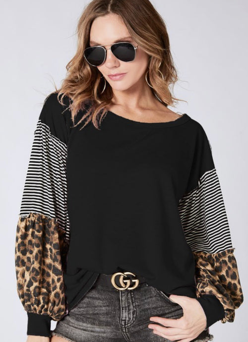 Black Terry Pullover Top w/ pinstripes & leopard